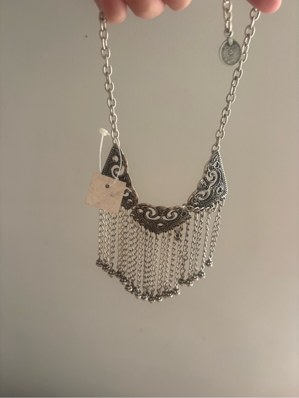 Silver-Tone Ornate Fringe Necklace with Chain Tassels